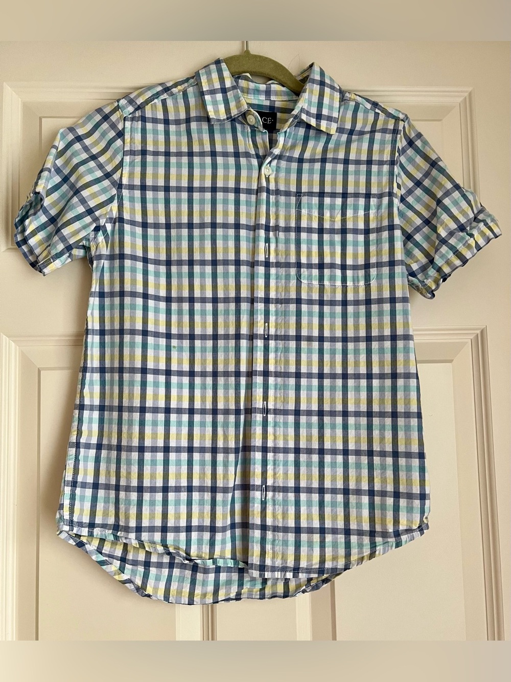 The Children’s Place Boy’s M 10-12 Short Sleeve Shirt -Blue/White/Yellow Plaid